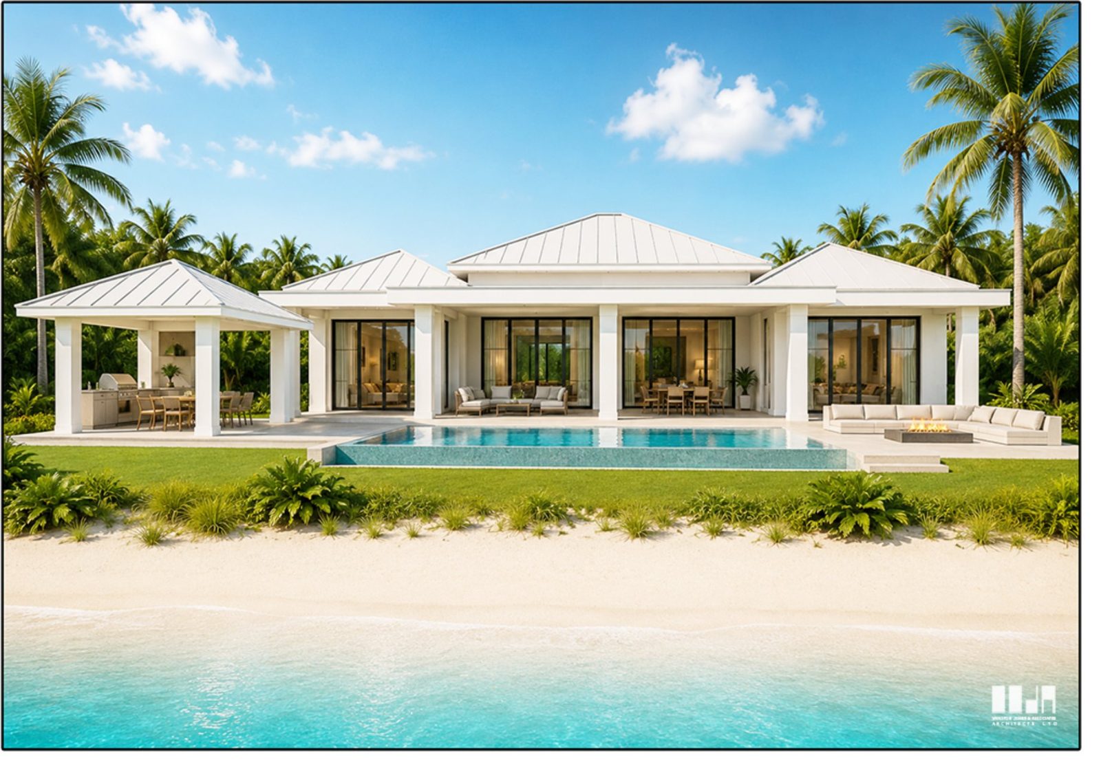 A single-storey white house of three pavilions with pyramid roofs, glass walls open to a deck and infinity pool, with a covered outdoor kitchen to one side and the beach in front.
