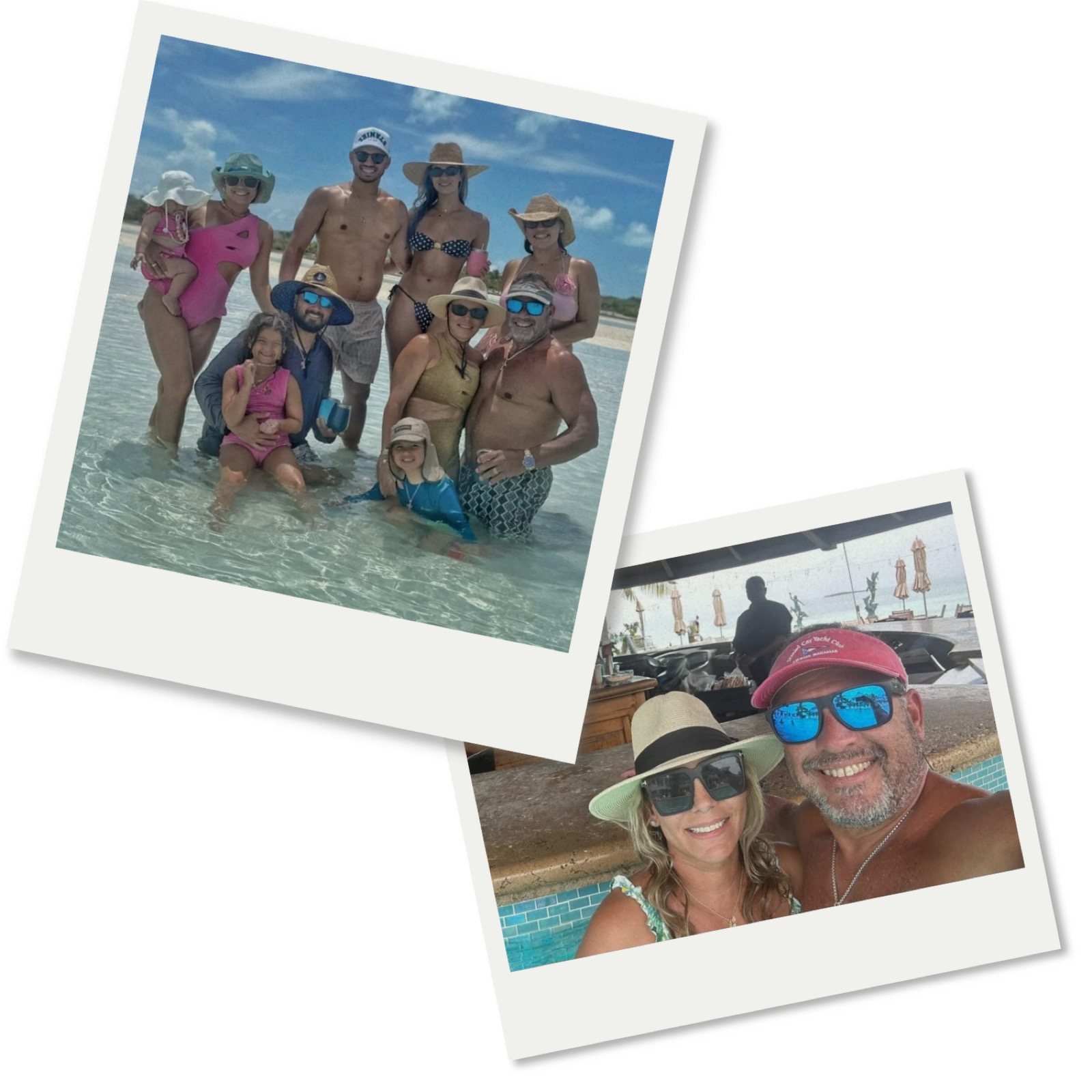 The De La Fe family in the shallows at the beach, and George and Ruby smiling at the pool bar