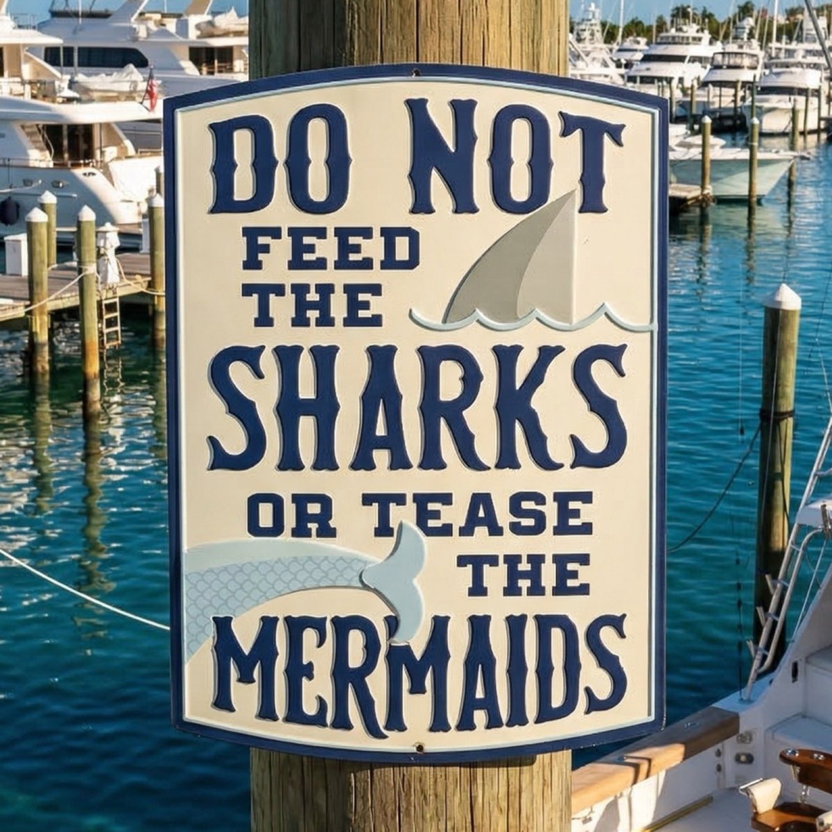 A “Do not feed the sharks or tease the mermaids” sign on a marina piling