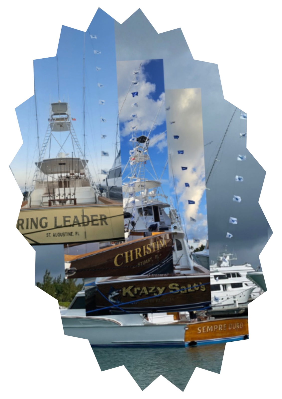 Sportfishing boats flying release flags in the marina, including Ring Leader, Christina, Krazy Salt's, and Sempre Duro