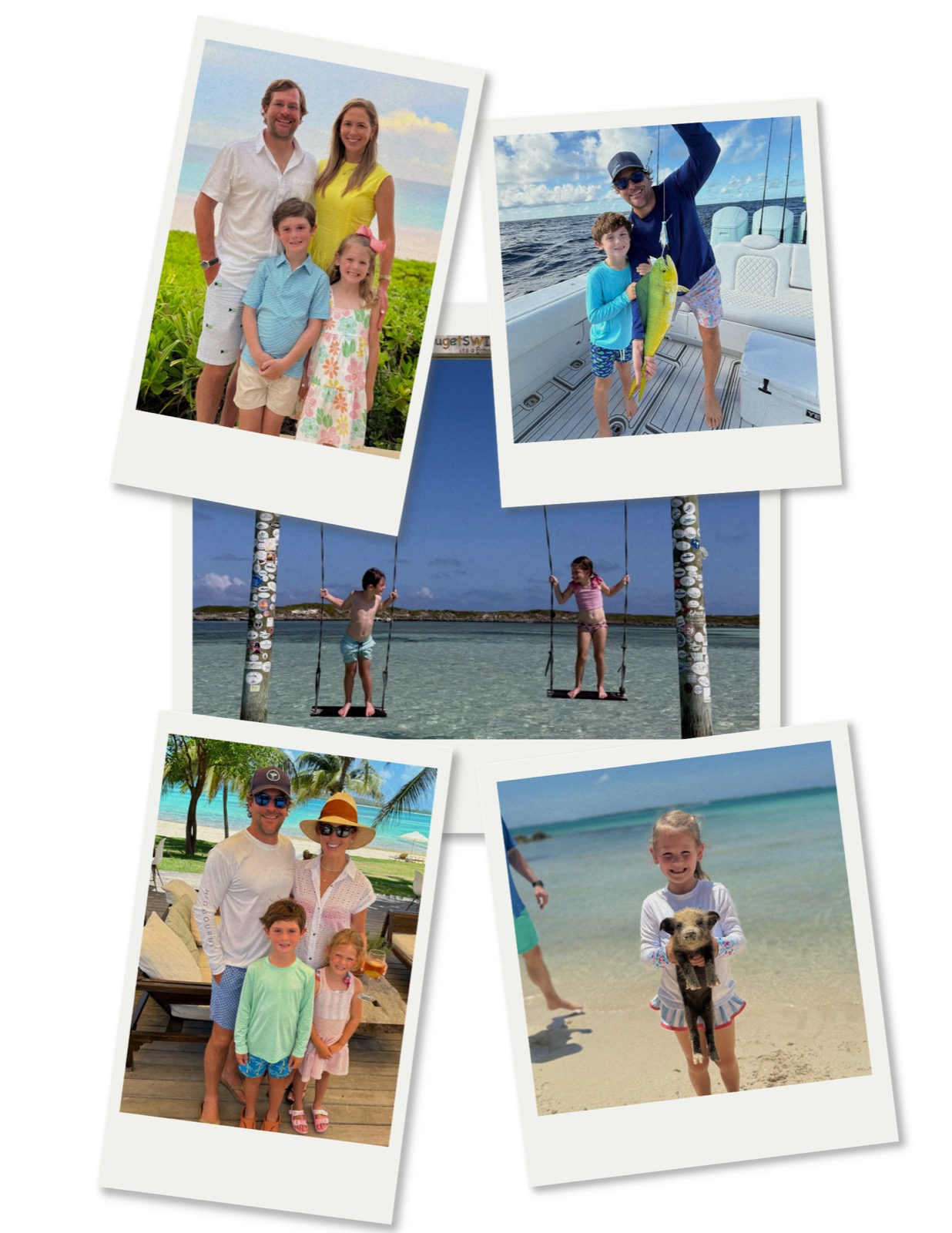 Collage of the Kearney family: family portraits on the beach, fishing on a boat with a mahi-mahi, kids on the over-water swings, and a girl holding a piglet on the shore